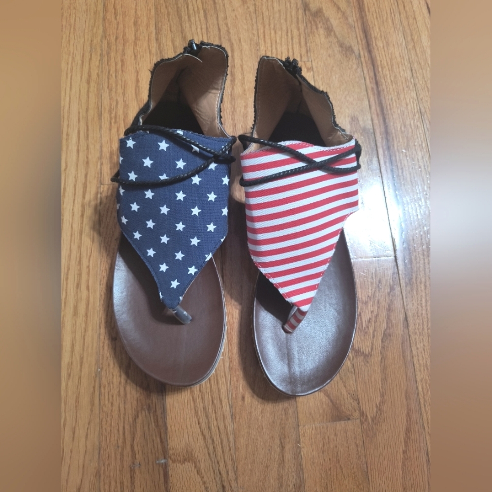 American Flag flat canvas sandals, size 42 women's 10, red/white/blue/black